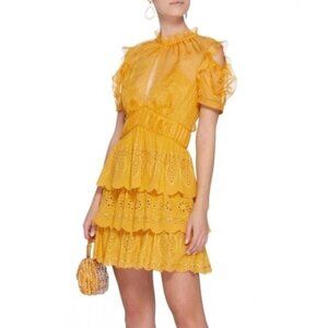 NEW Self-Portrait Yellow Embroidered Tiered Chiffon Mini Dress US 8